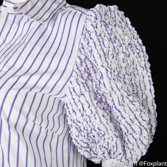 NWOT Petersyn smocked puff short sleeve button front top,‎ white with stripes - Picture 6 of 15